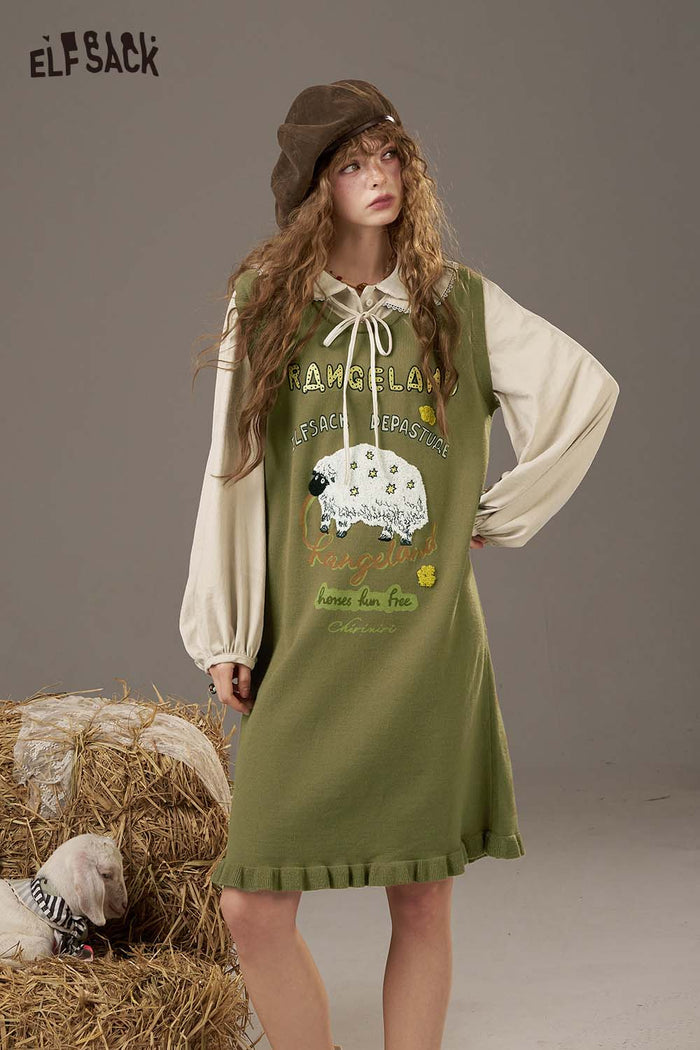 ELFSACK Soft Puffed Sleeve Whimsical Embroidery Detail Layered Dress