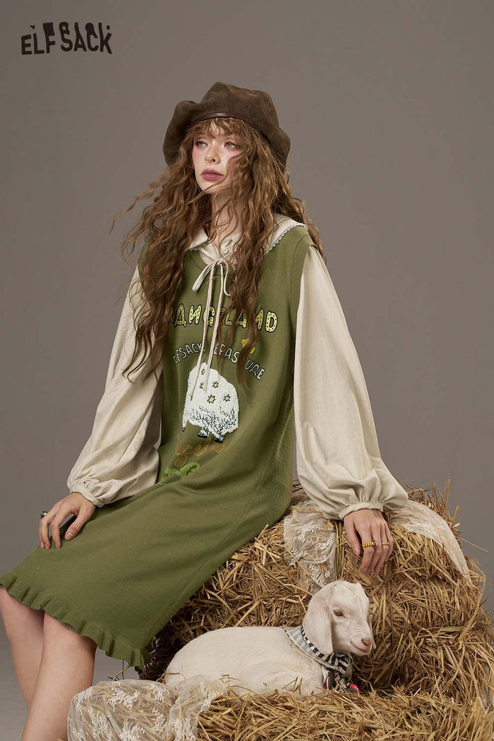 ELFSACK Soft Puffed Sleeve Whimsical Embroidery Detail Layered Dress