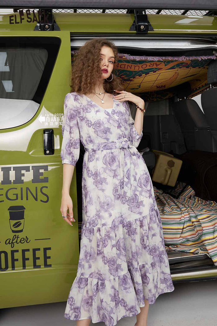 ELFSACK Soft Purple Floral Waist Slimming V Neck Dress
