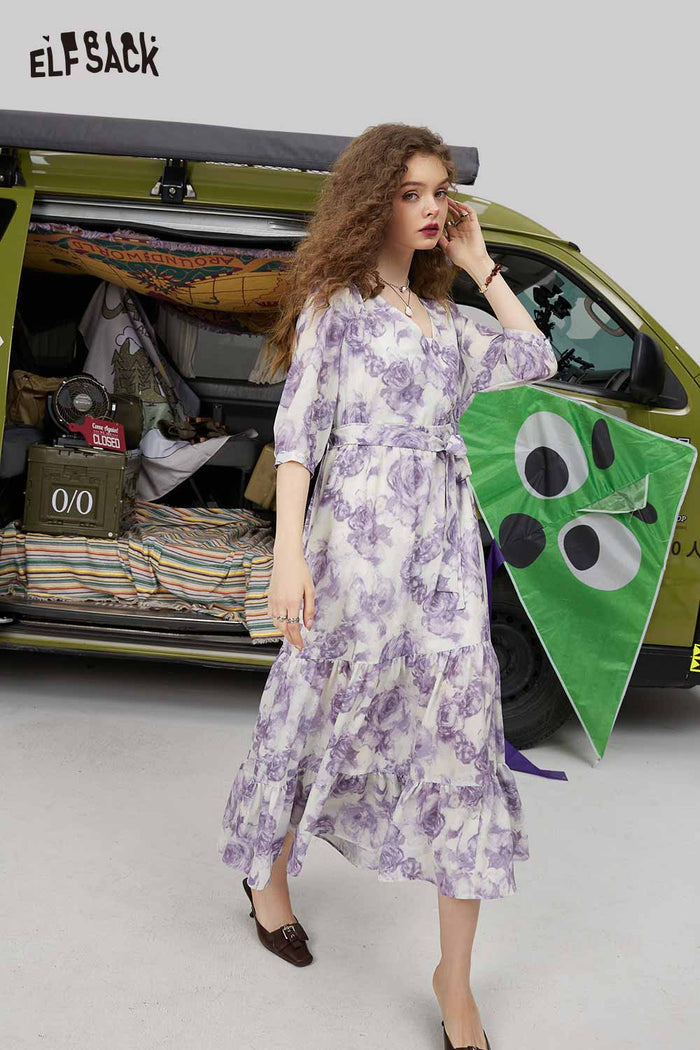 ELFSACK Soft Purple Floral Waist Slimming V Neck Dress