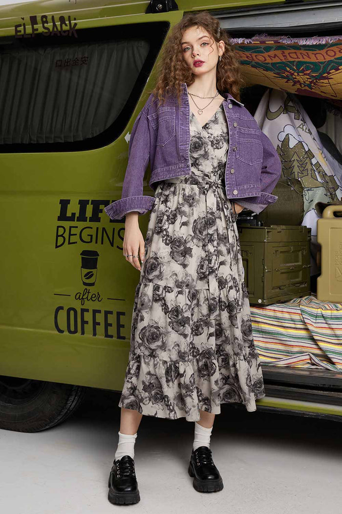 ELFSACK Soft Purple Floral Waist Slimming V Neck Dress