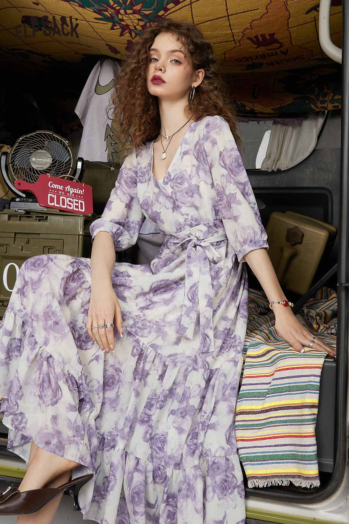 ELFSACK Soft Purple Floral Waist Slimming V Neck Dress