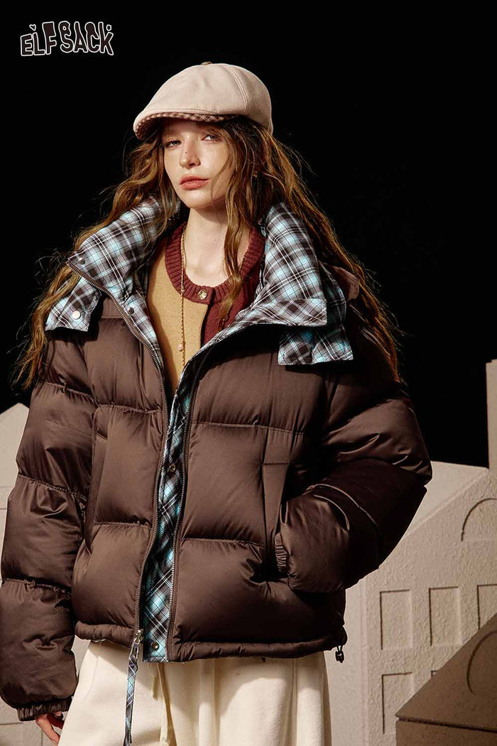 ELFSACK Soft Reversible Y2K Striped Short High Neck Hooded Down Jacket