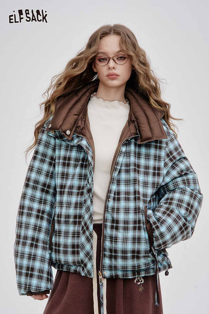 ELFSACK Soft Reversible Y2K Striped Short High Neck Hooded Down Jacket