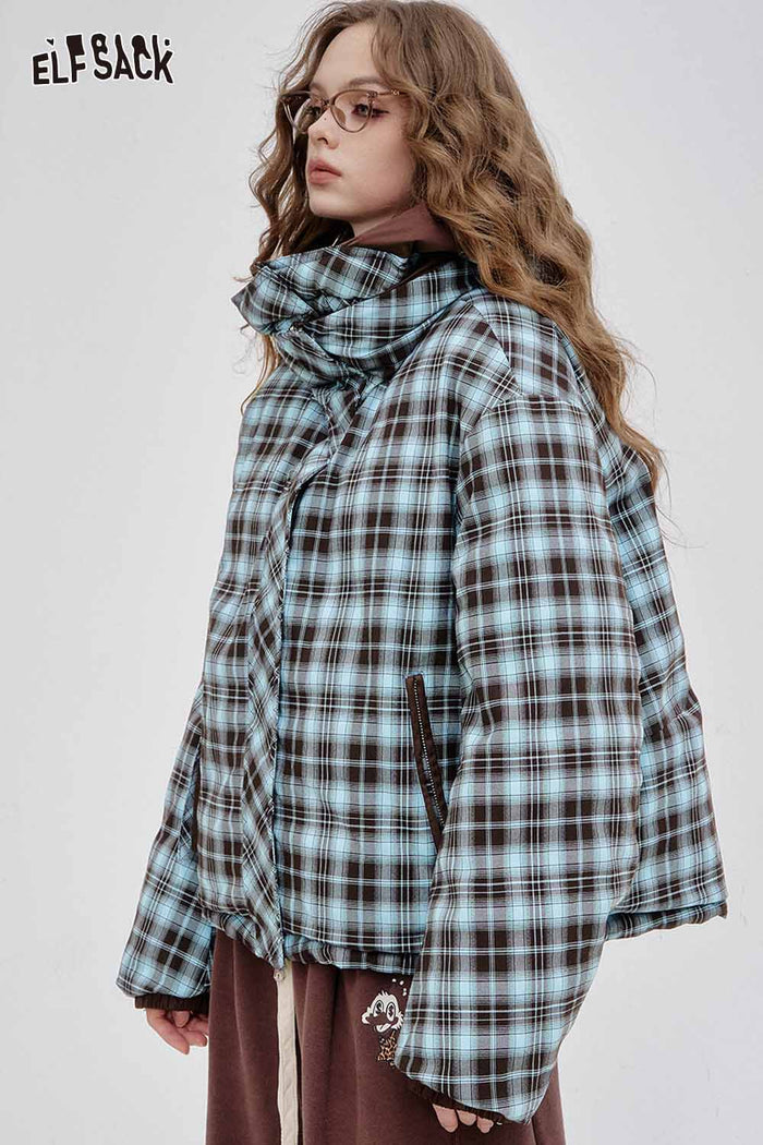 ELFSACK Soft Reversible Y2K Striped Short High Neck Hooded Down Jacket