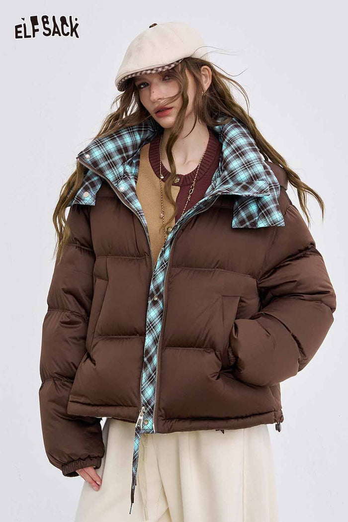 ELFSACK Soft Reversible Y2K Striped Short High Neck Hooded Down Jacket