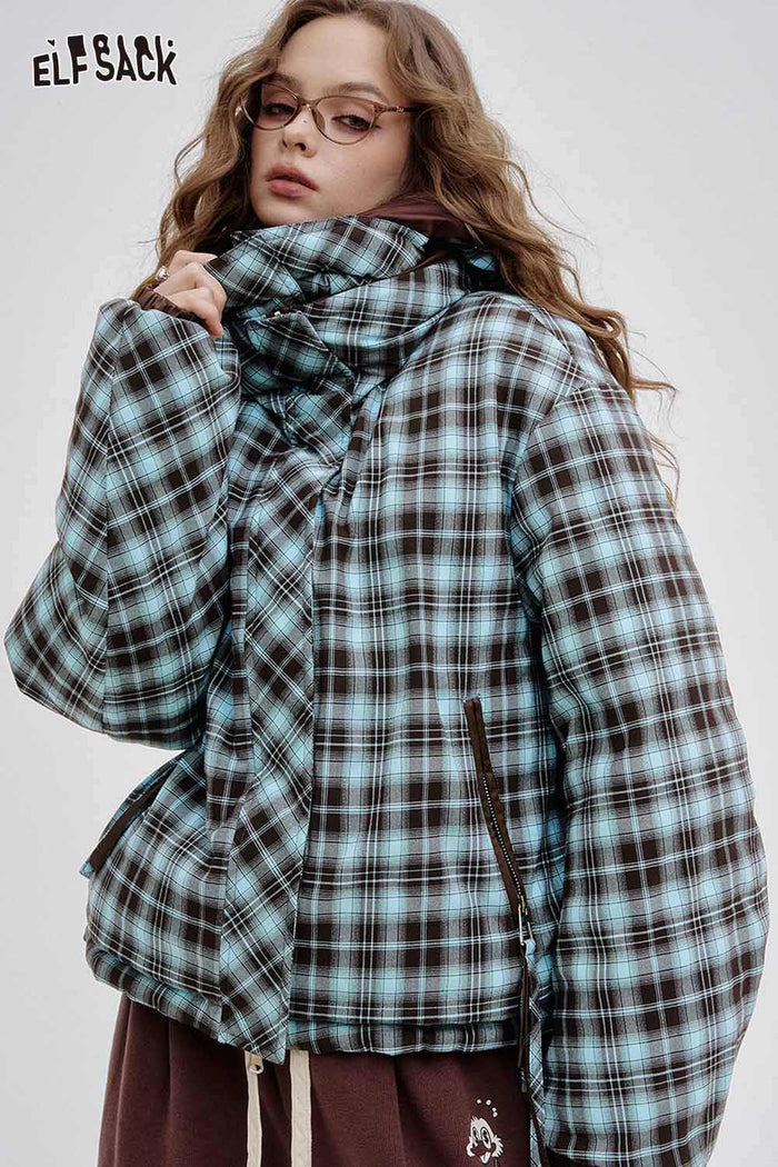 ELFSACK Soft Reversible Y2K Striped Short High Neck Hooded Down Jacket