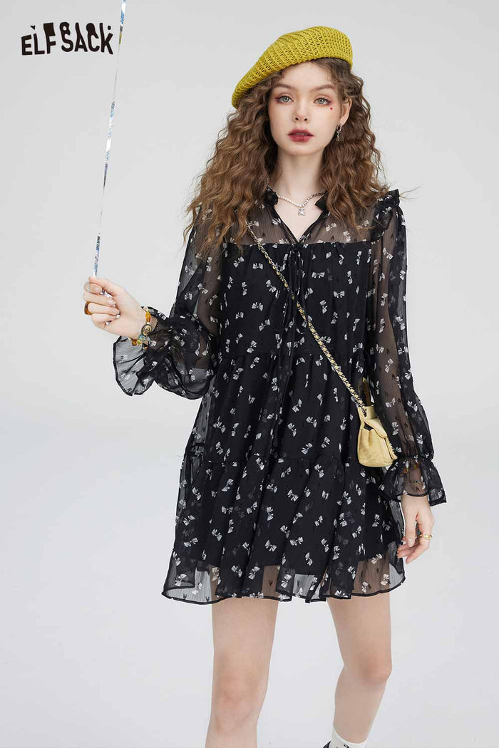 ELFSACK Soft Slimming Elegant Floral Long Sleeve Waist Dress