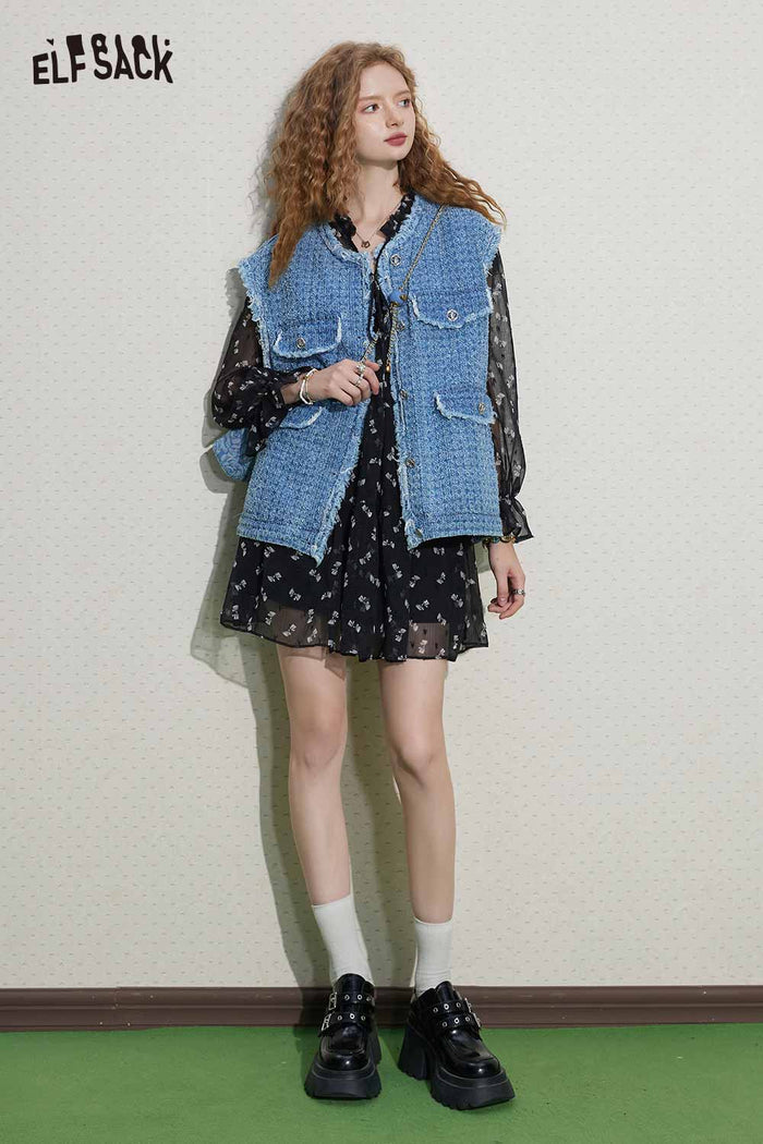 ELFSACK Soft Slimming Elegant Floral Long Sleeve Waist Dress