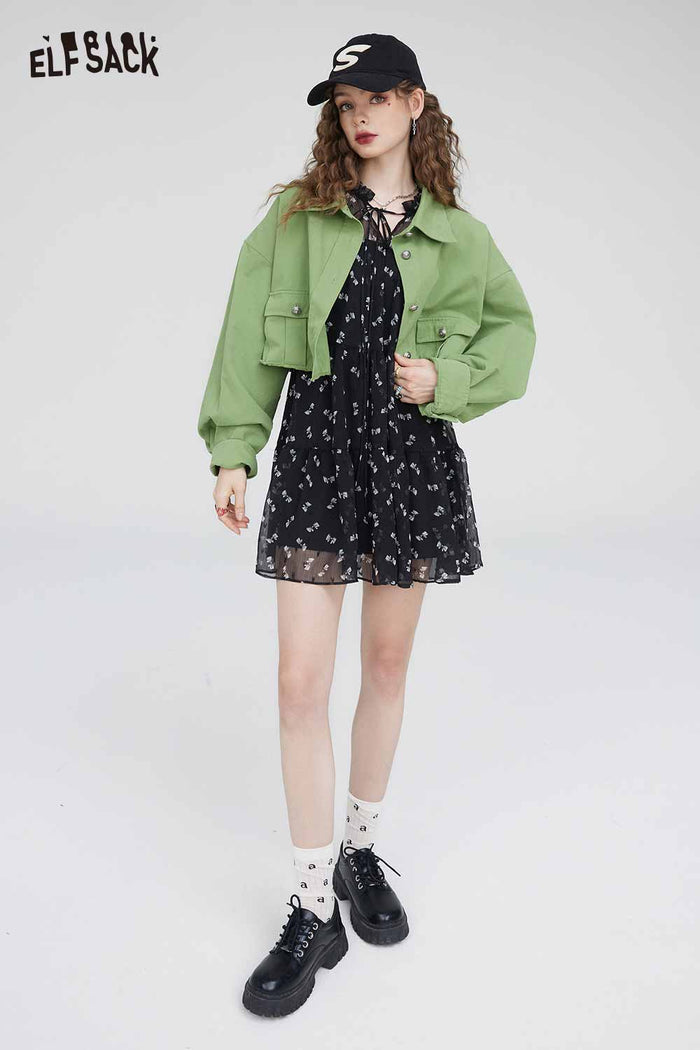 ELFSACK Soft Slimming Elegant Floral Long Sleeve Waist Dress