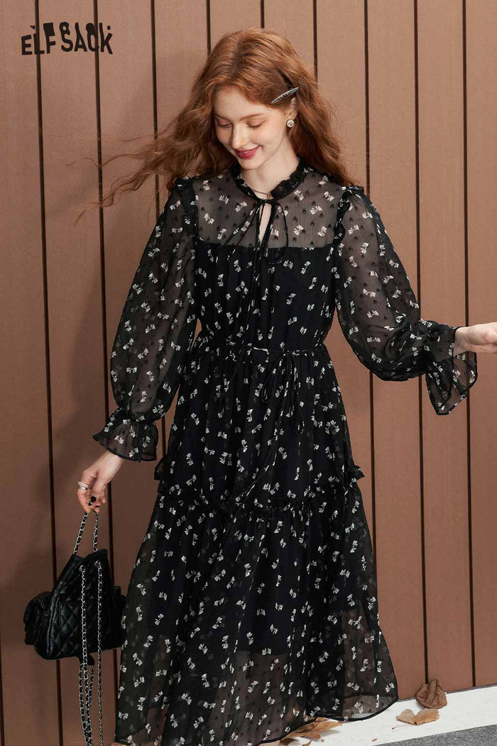 ELFSACK Soft Slimming Elegant Floral Long Sleeve Waist Dress