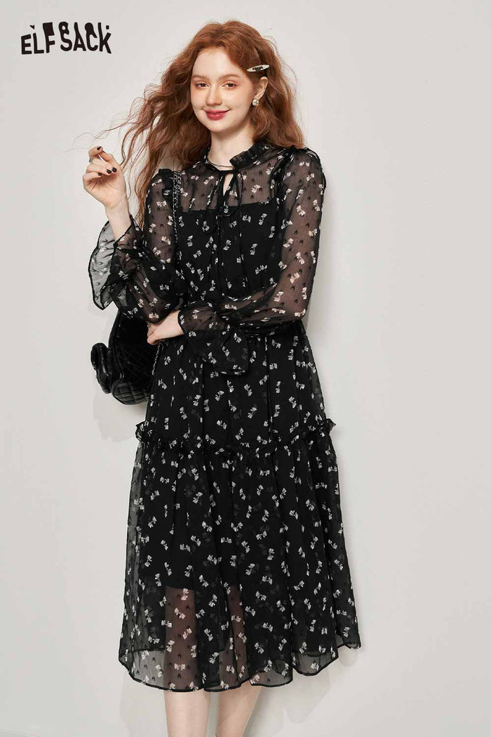 ELFSACK Soft Slimming Elegant Floral Long Sleeve Waist Dress