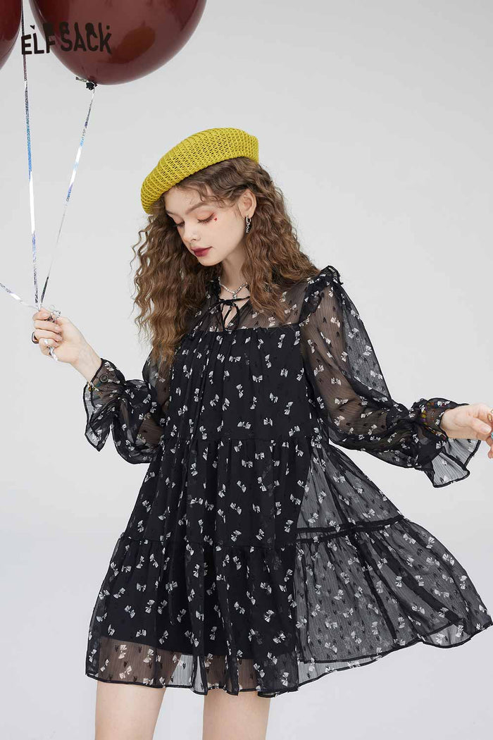 ELFSACK Soft Slimming Elegant Floral Long Sleeve Waist Dress