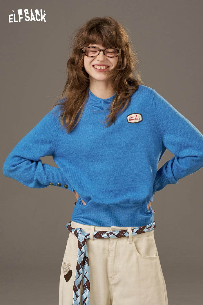 ELFSACK Soft Small Area Pattern Lantern Sleeves Fitted Knitted Sweater