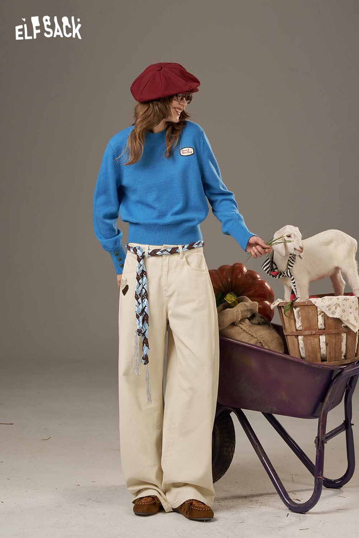 ELFSACK Soft Small Area Pattern Lantern Sleeves Fitted Knitted Sweater