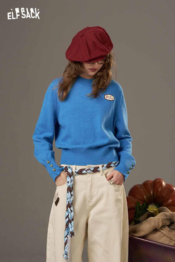 ELFSACK Soft Small Area Pattern Lantern Sleeves Fitted Knitted Sweater