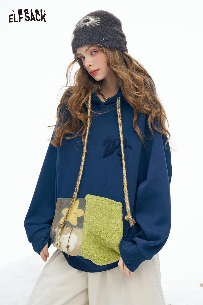 ELFSACK Soft Solid Color Block Pocket Twist Knot Drawstring Hooded Sweatshirt