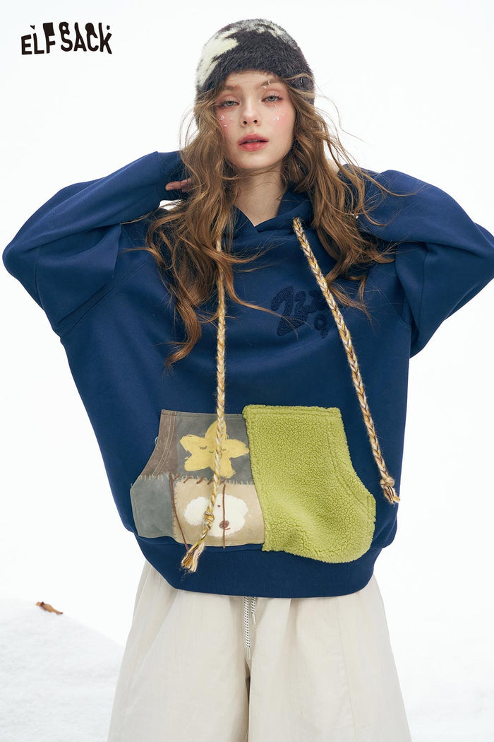 ELFSACK Soft Solid Color Block Pocket Twist Knot Drawstring Hooded Sweatshirt