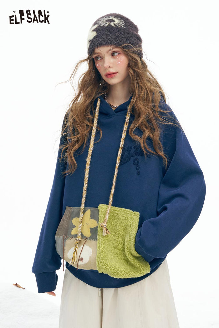 ELFSACK Soft Solid Color Block Pocket Twist Knot Drawstring Hooded Sweatshirt