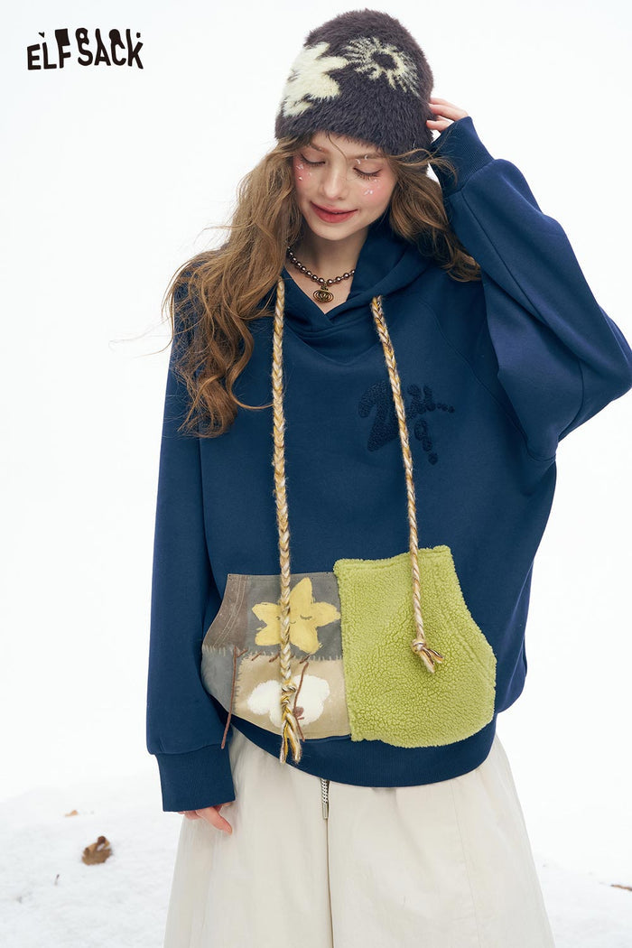 ELFSACK Soft Solid Color Block Pocket Twist Knot Drawstring Hooded Sweatshirt