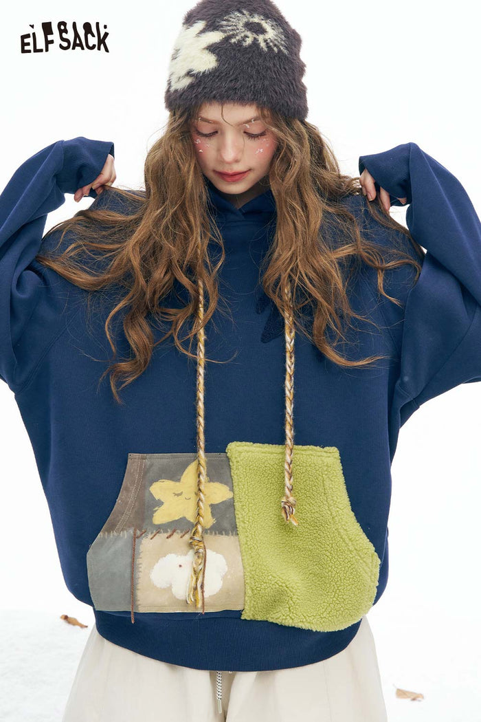 ELFSACK Soft Solid Color Block Pocket Twist Knot Drawstring Hooded Sweatshirt