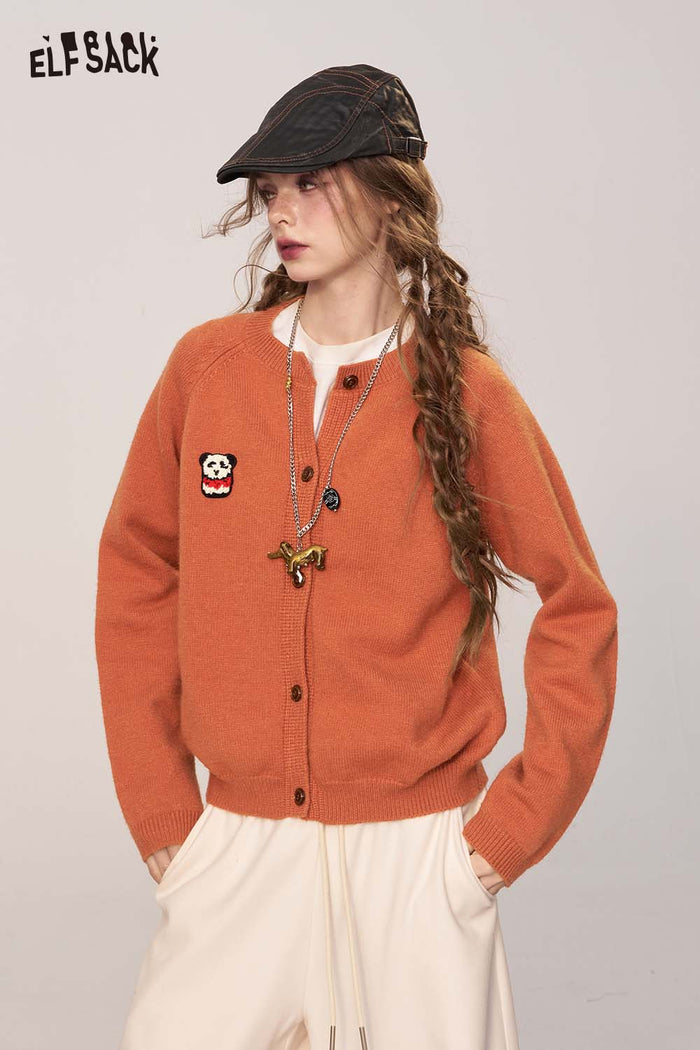 ELFSACK Soft Solid Color Cartoon Embroidery Detail Knit Cardigan