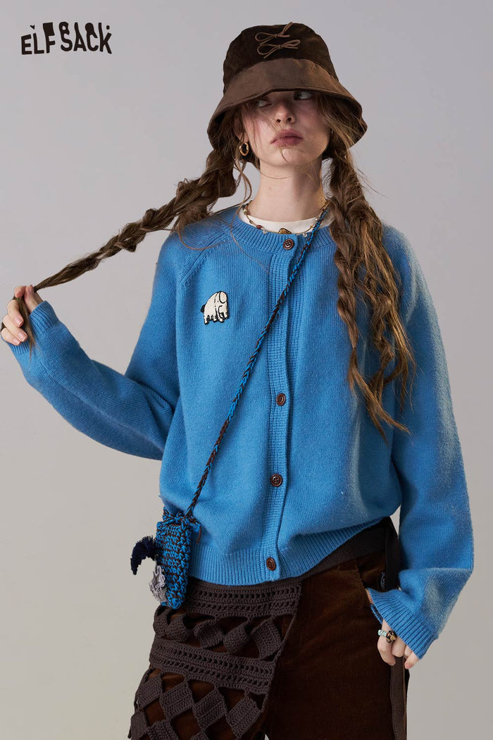 ELFSACK Soft Solid Color Cartoon Embroidery Detail Knit Cardigan