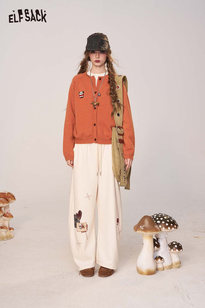 ELFSACK Soft Solid Color Cartoon Embroidery Detail Knit Cardigan