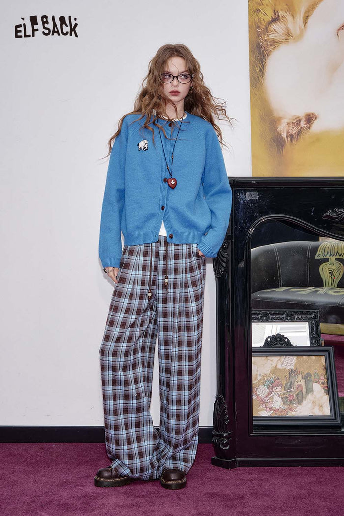 ELFSACK Soft Solid Color Cartoon Embroidery Detail Knit Cardigan
