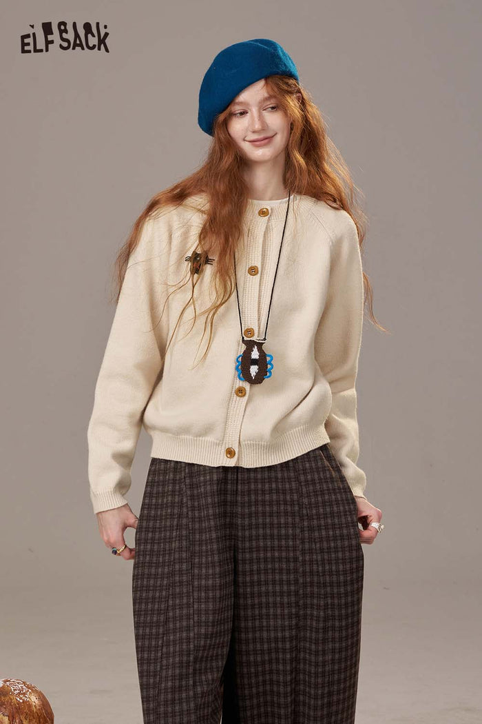 ELFSACK Soft Solid Color Cartoon Embroidery Detail Knit Cardigan