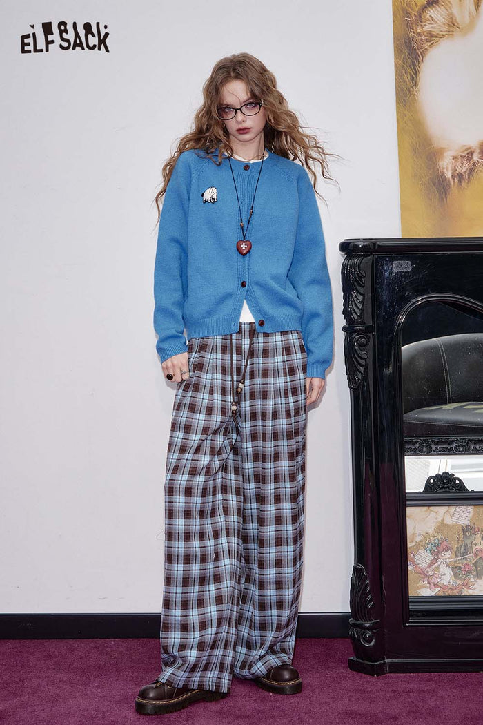 ELFSACK Soft Solid Color Cartoon Embroidery Detail Knit Cardigan