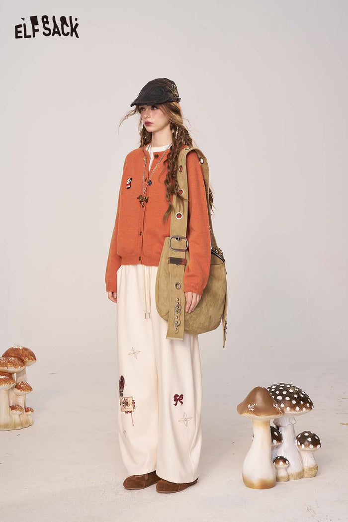 ELFSACK Soft Solid Color Cartoon Embroidery Detail Knit Cardigan