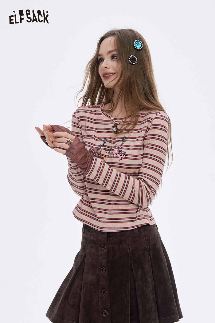 ELFSACK Soft Stripe Graphic Contrast Sleeve Round Neck Long Sleeve Tshirt