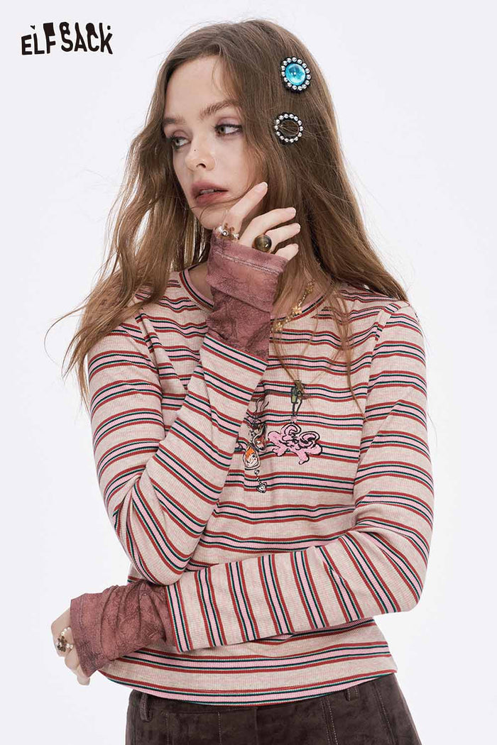 ELFSACK Soft Stripe Graphic Contrast Sleeve Round Neck Long Sleeve Tshirt