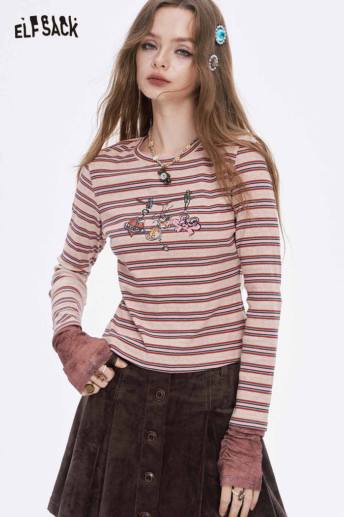 ELFSACK Soft Stripe Graphic Contrast Sleeve Round Neck Long Sleeve Tshirt