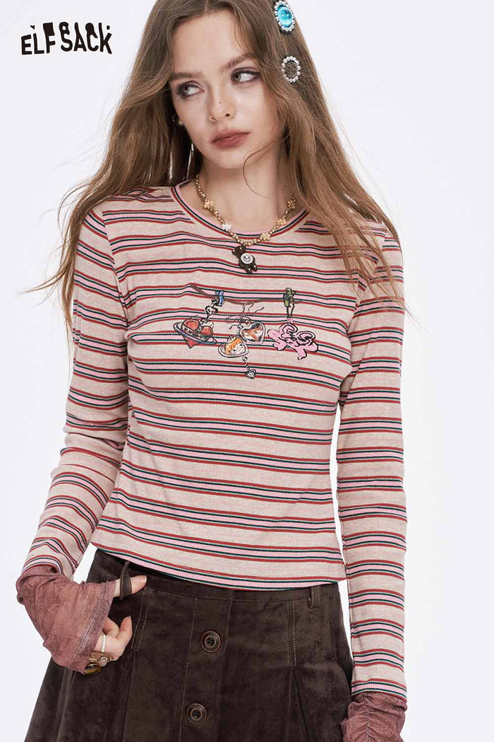 ELFSACK Soft Stripe Graphic Contrast Sleeve Round Neck Long Sleeve Tshirt