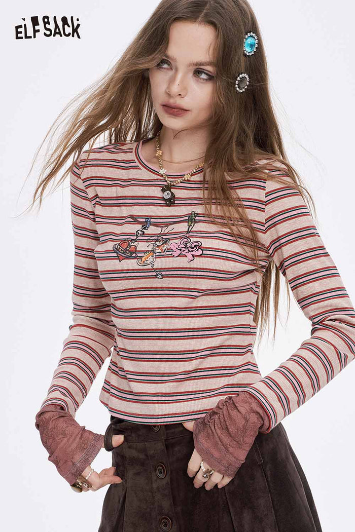 ELFSACK Soft Stripe Graphic Contrast Sleeve Round Neck Long Sleeve Tshirt