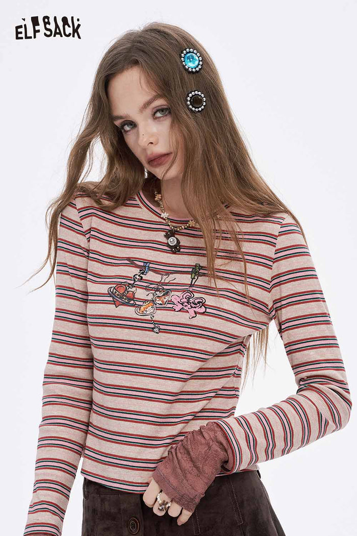 ELFSACK Soft Stripe Graphic Contrast Sleeve Round Neck Long Sleeve Tshirt