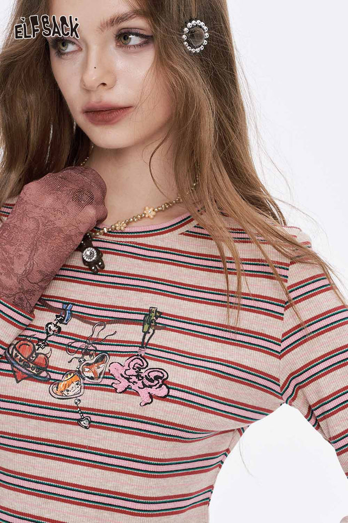 ELFSACK Soft Stripe Graphic Contrast Sleeve Round Neck Long Sleeve Tshirt