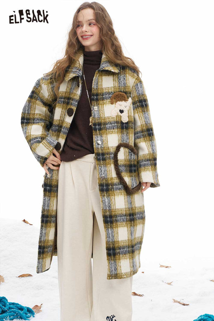 ELFSACK Soft Stripe Single Breasted Dog Graphic Heart Pocket Long Coat