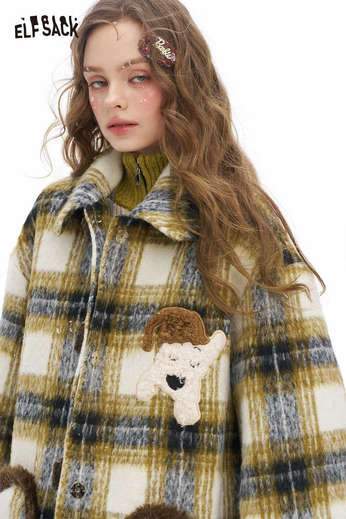 ELFSACK Soft Stripe Single Breasted Dog Graphic Heart Pocket Long Coat