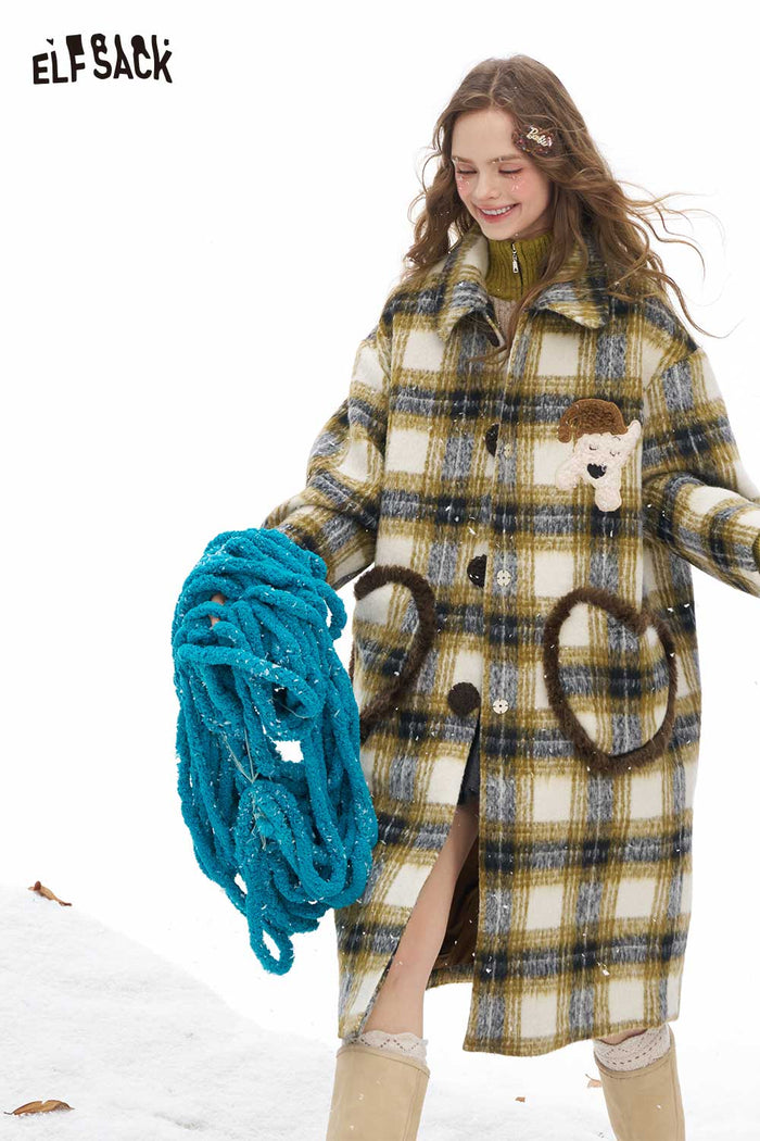 ELFSACK Soft Stripe Single Breasted Dog Graphic Heart Pocket Long Coat