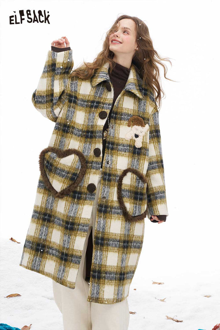ELFSACK Soft Stripe Single Breasted Dog Graphic Heart Pocket Long Coat