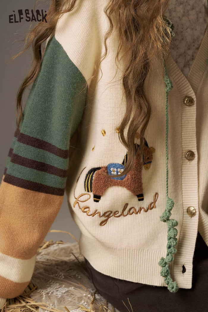 ELFSACK Soft Striped Patchwork Sleeve Design Colourful Print Knitted Sweater