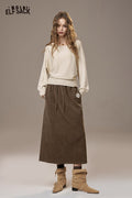 ELFSACK Soft Textured Weave Mid Rise Solid Color Versatile Midi Skirt