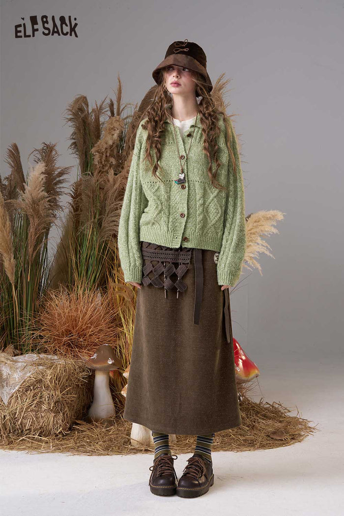 ELFSACK Soft Textured Weave Mid Rise Solid Color Versatile Midi Skirt