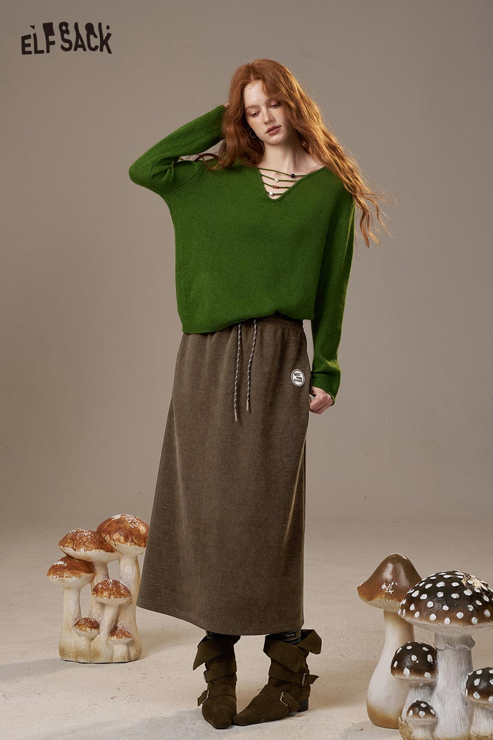 ELFSACK Soft Textured Weave Mid Rise Solid Color Versatile Midi Skirt