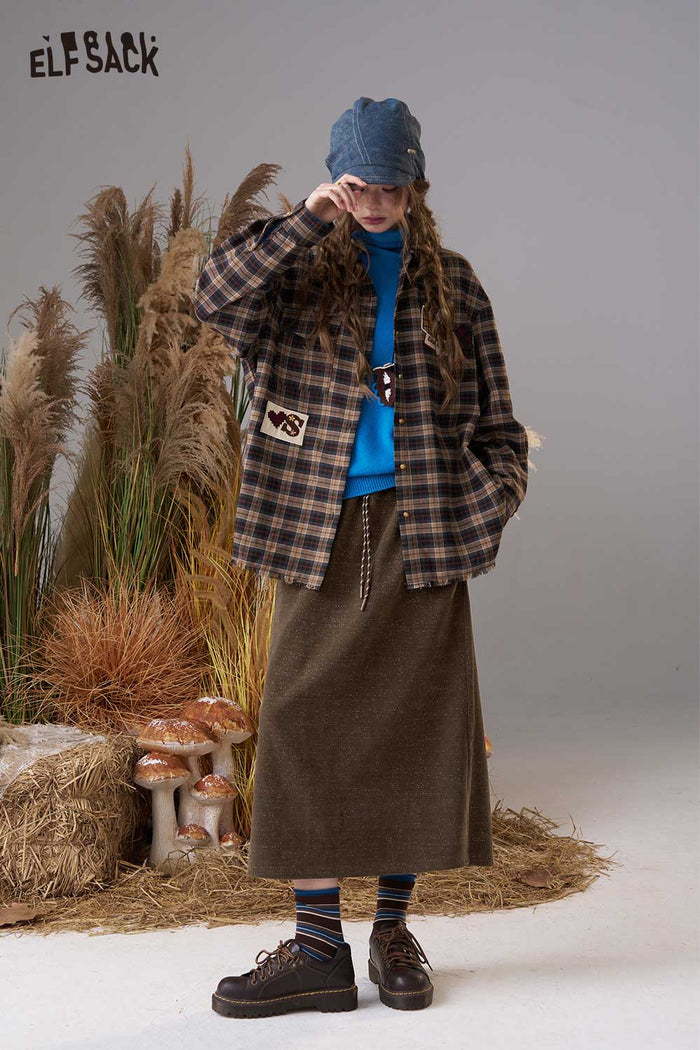 ELFSACK Soft Textured Weave Mid Rise Solid Color Versatile Midi Skirt