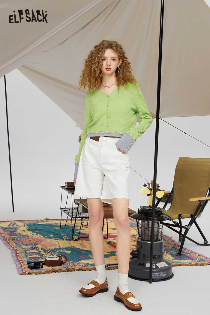 ELFSACK Soft Two Piece Green Shirt Patchwork Cropped Knitwear