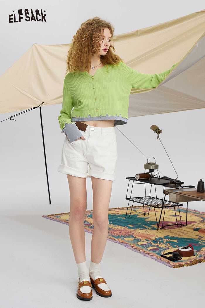 ELFSACK Soft Two Piece Green Shirt Patchwork Cropped Knitwear